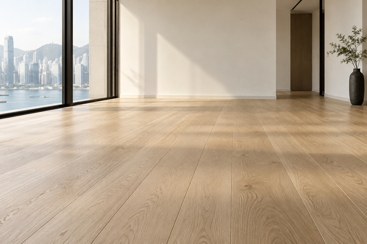 Natural oak flooring in a light-filled Hong Kong interior