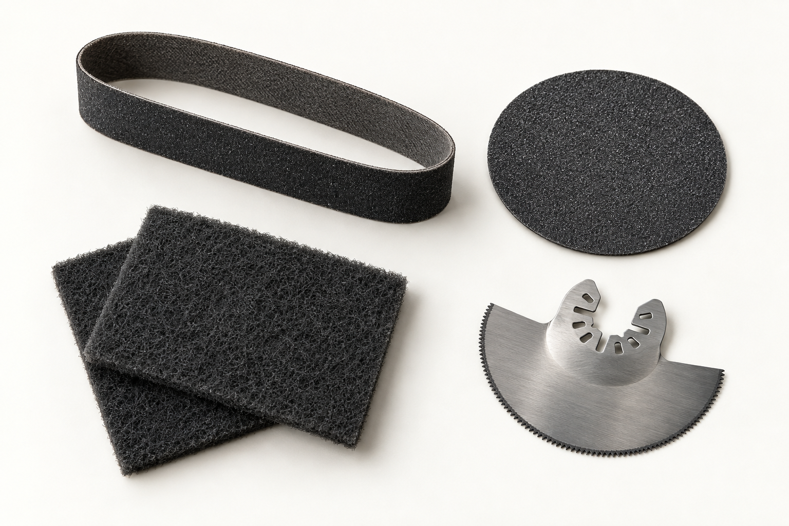 Sanding belt, sanding disc, non-woven abrasive pads and oscillating saw blade arranged as a sanding kit
